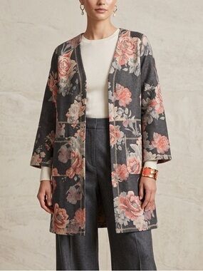 Monarc Anthropologie Floral Duster Cardigan Grey Coral Rose Open Front Pockets M